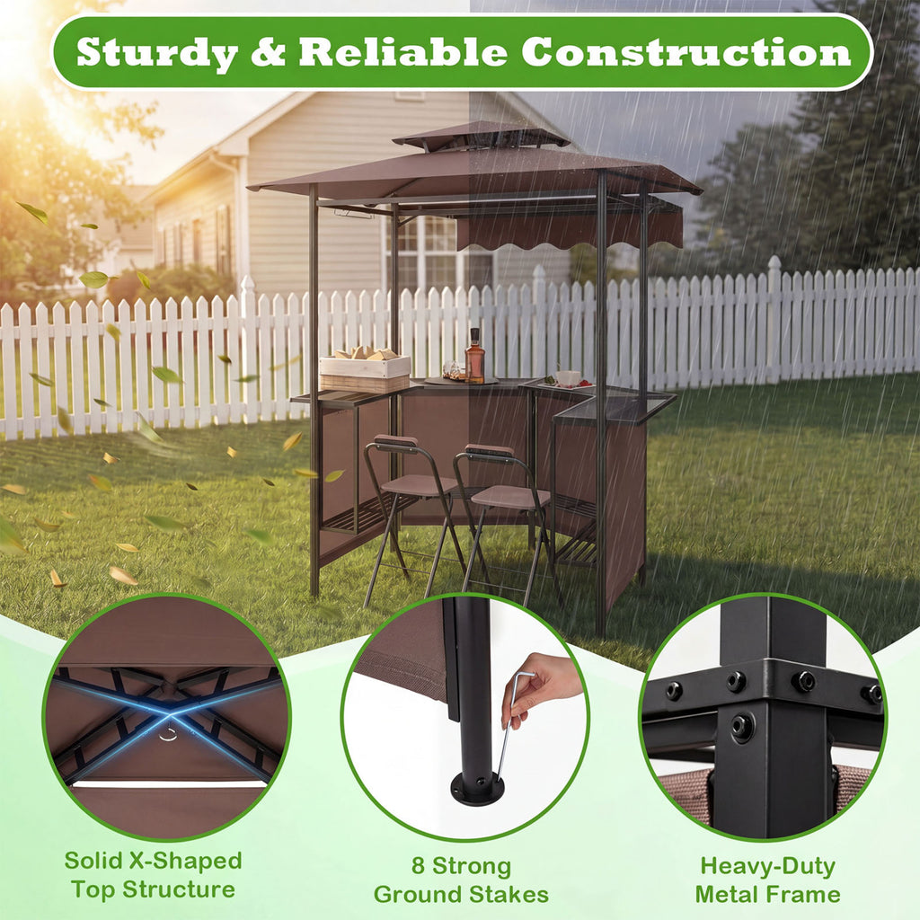 3-Piece Patio Bar Set Outdoor Grill Gazebo and 2 Folding Stools