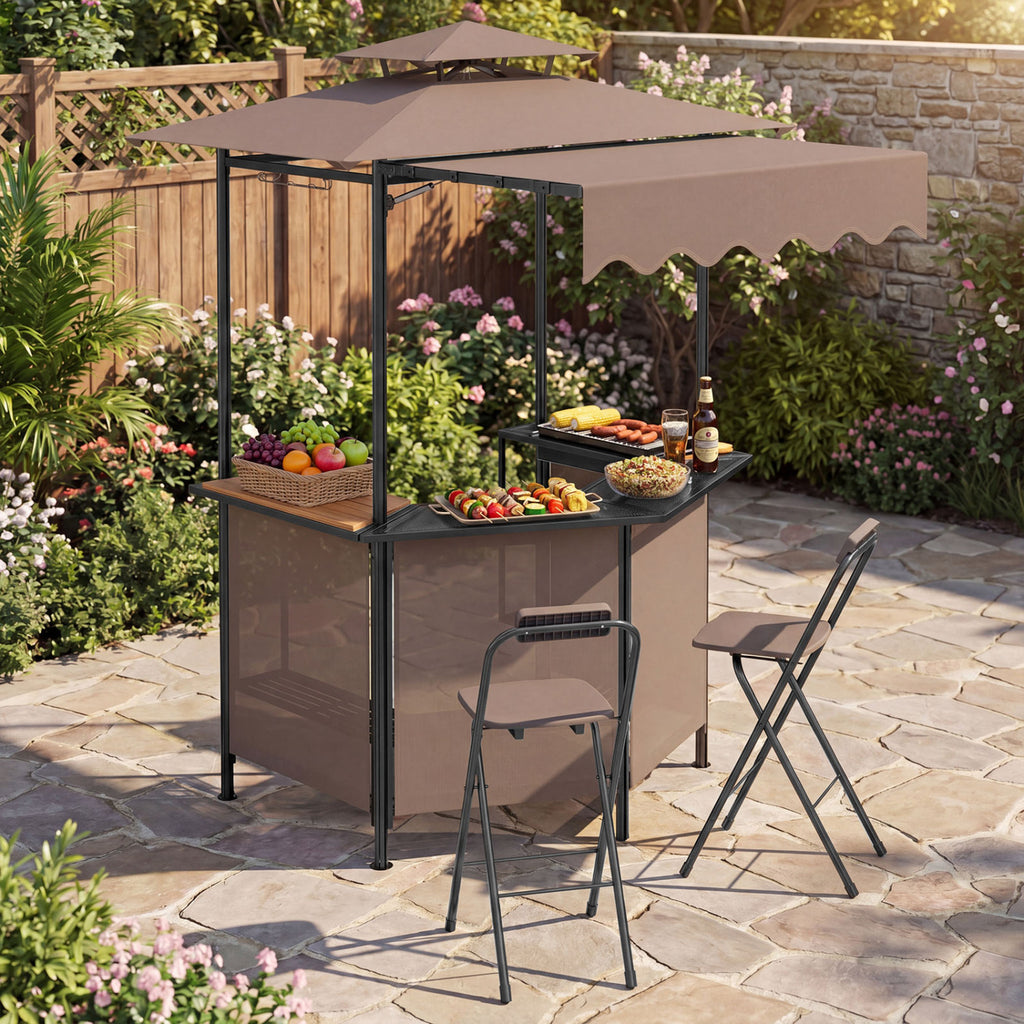 3-Piece Patio Bar Set Outdoor Grill Gazebo and 2 Folding Stools