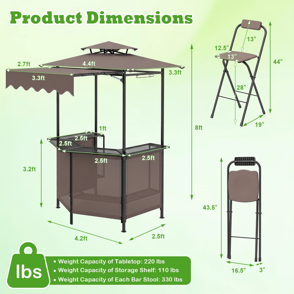 3-Piece Patio Bar Set Outdoor Grill Gazebo and 2 Folding Stools