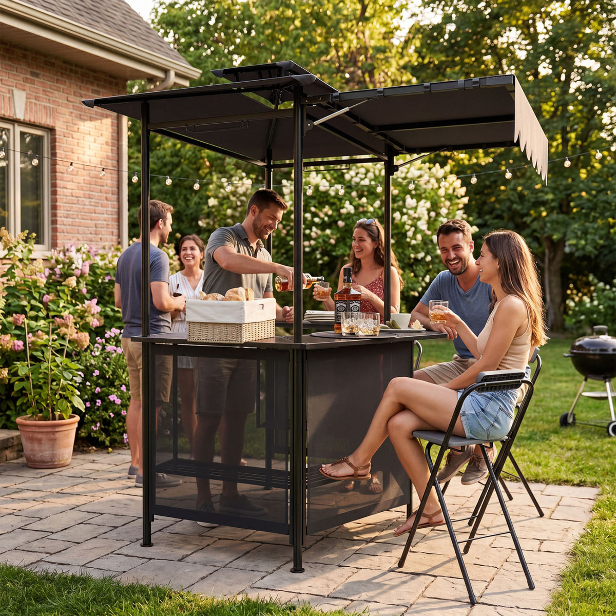 3-Piece Patio Bar Set Outdoor Grill Gazebo and 2 Folding Stools