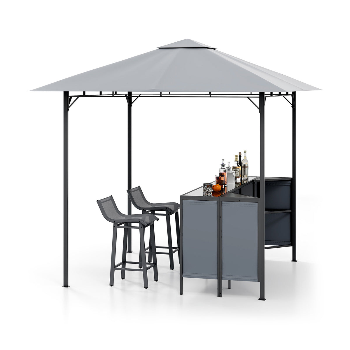 3-Piece Patio Bar Set 8 x FT Double-Tier Grill Gazebo with 2 Stools