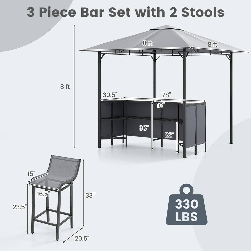 3-Piece Patio Bar Set 8 x FT Double-Tier Grill Gazebo with 2 Stools