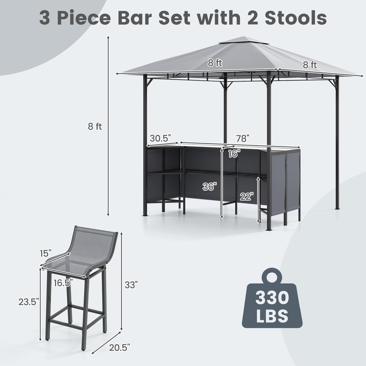 3-Piece Patio Bar Set 8 x FT Double-Tier Grill Gazebo with 2 Stools