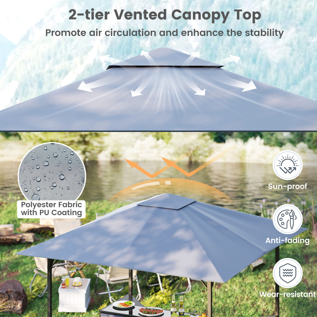 3-Piece Patio Bar Set 8 x FT Double-Tier Grill Gazebo with 2 Stools