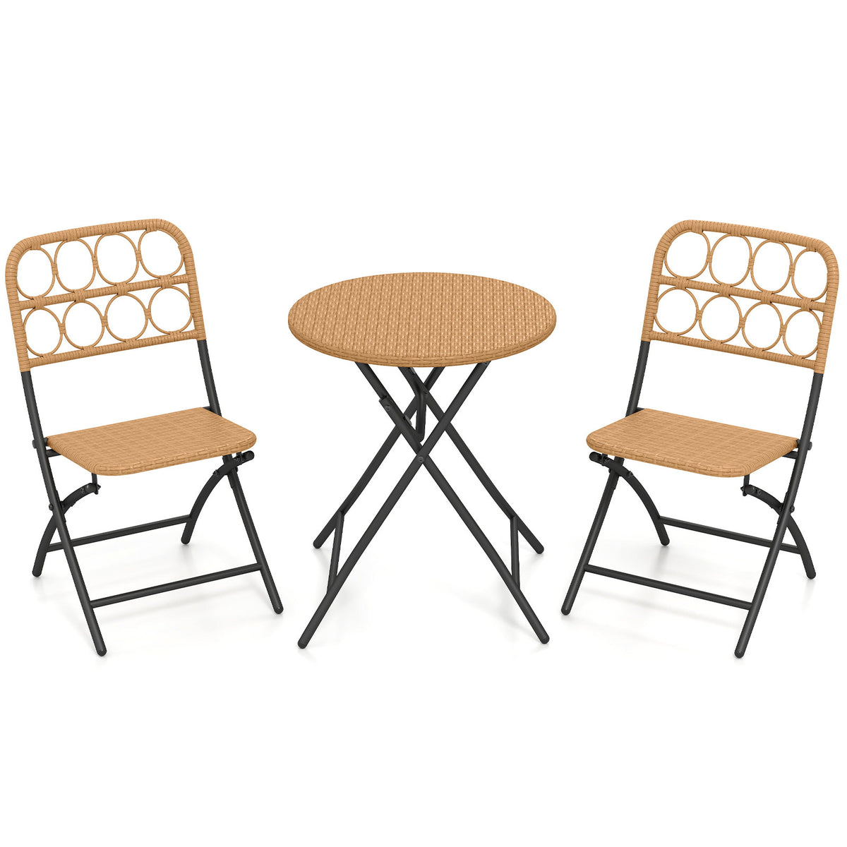 3 Piece Patio Bistro Set Folding Round Table and Chairs with Wicker