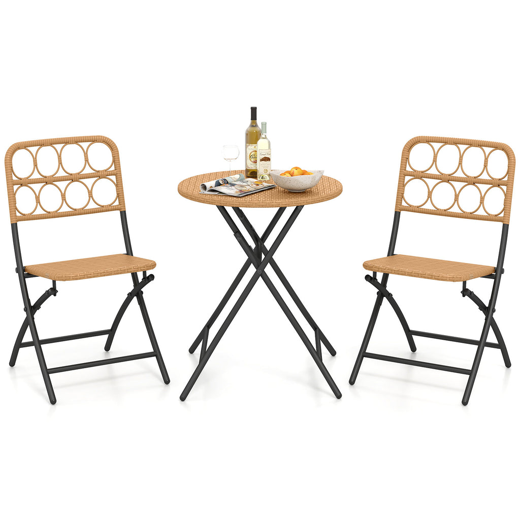 3 Piece Patio Bistro Set Folding Round Table and Chairs with Wicker
