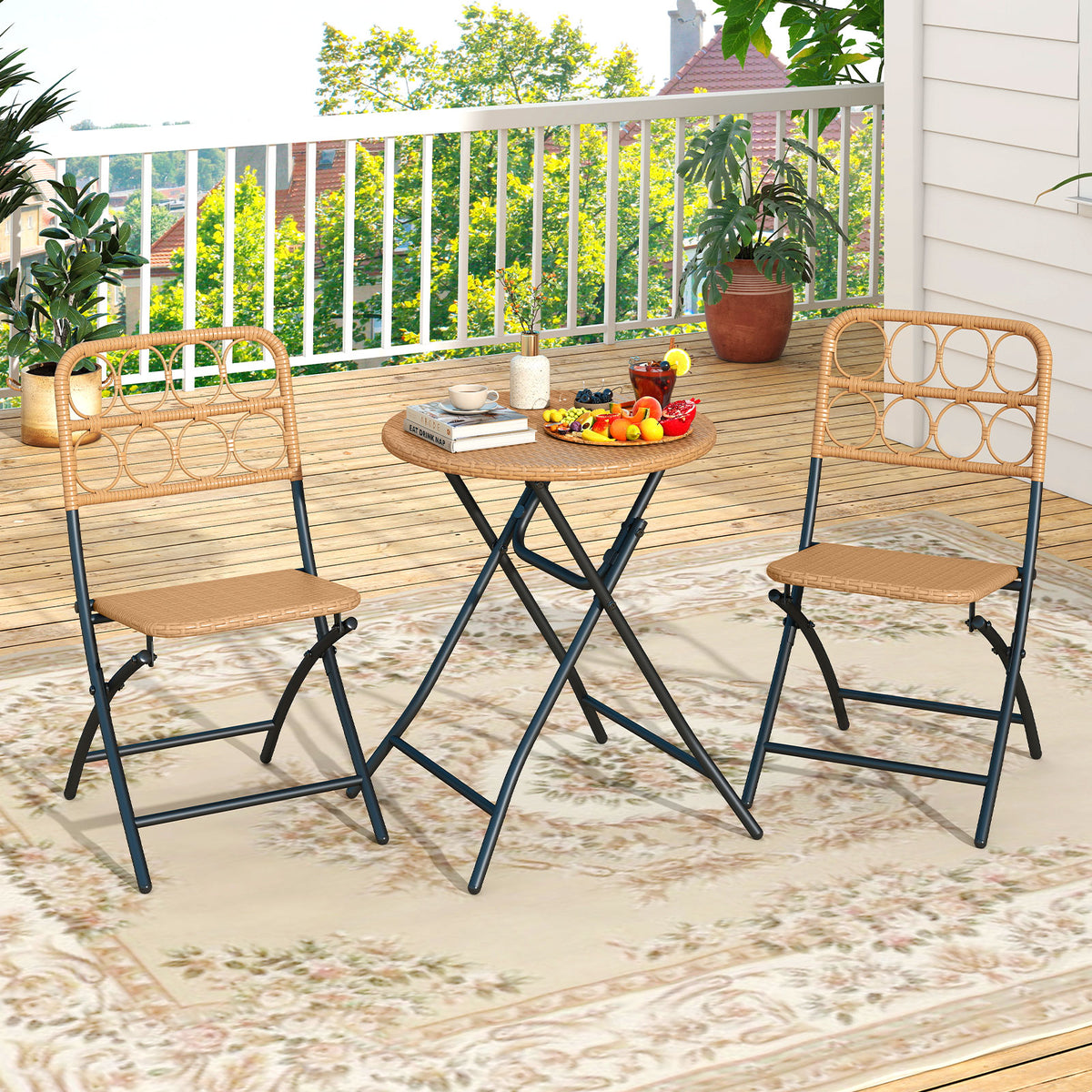 3 Piece Patio Bistro Set Folding Round Table and Chairs with Wicker