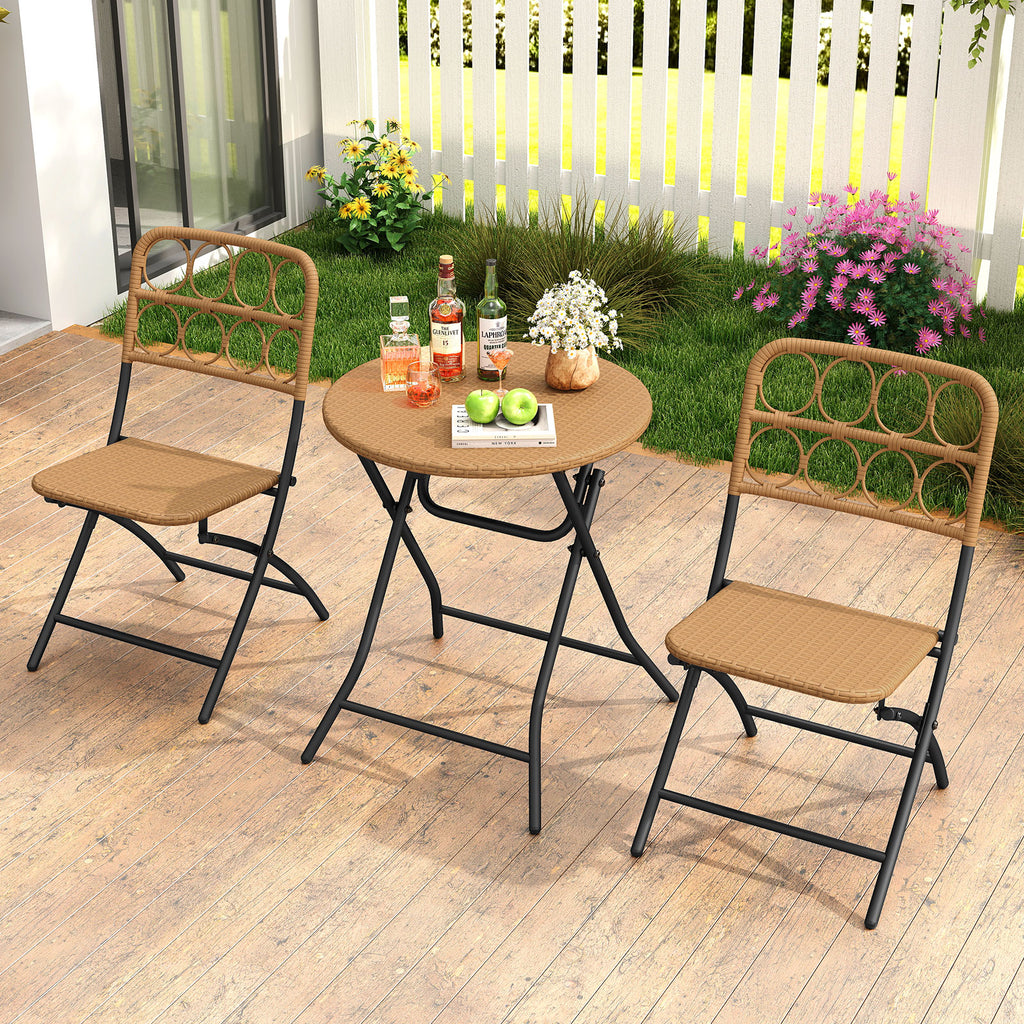 3 Piece Patio Bistro Set Folding Round Table and Chairs with Wicker