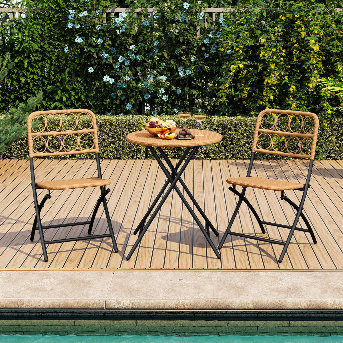 3 Piece Patio Bistro Set Folding Round Table and Chairs with Wicker