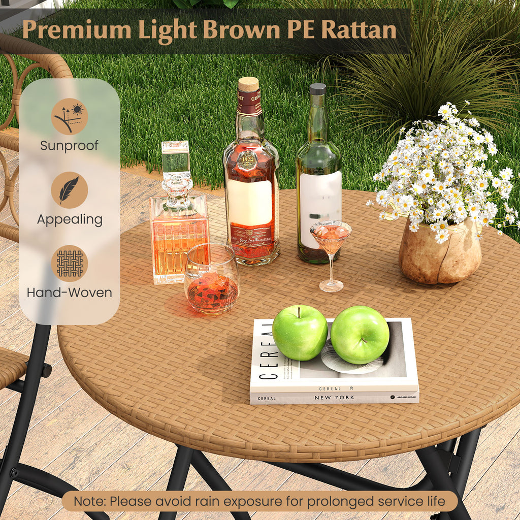 3 Piece Patio Bistro Set Folding Round Table and Chairs with Wicker