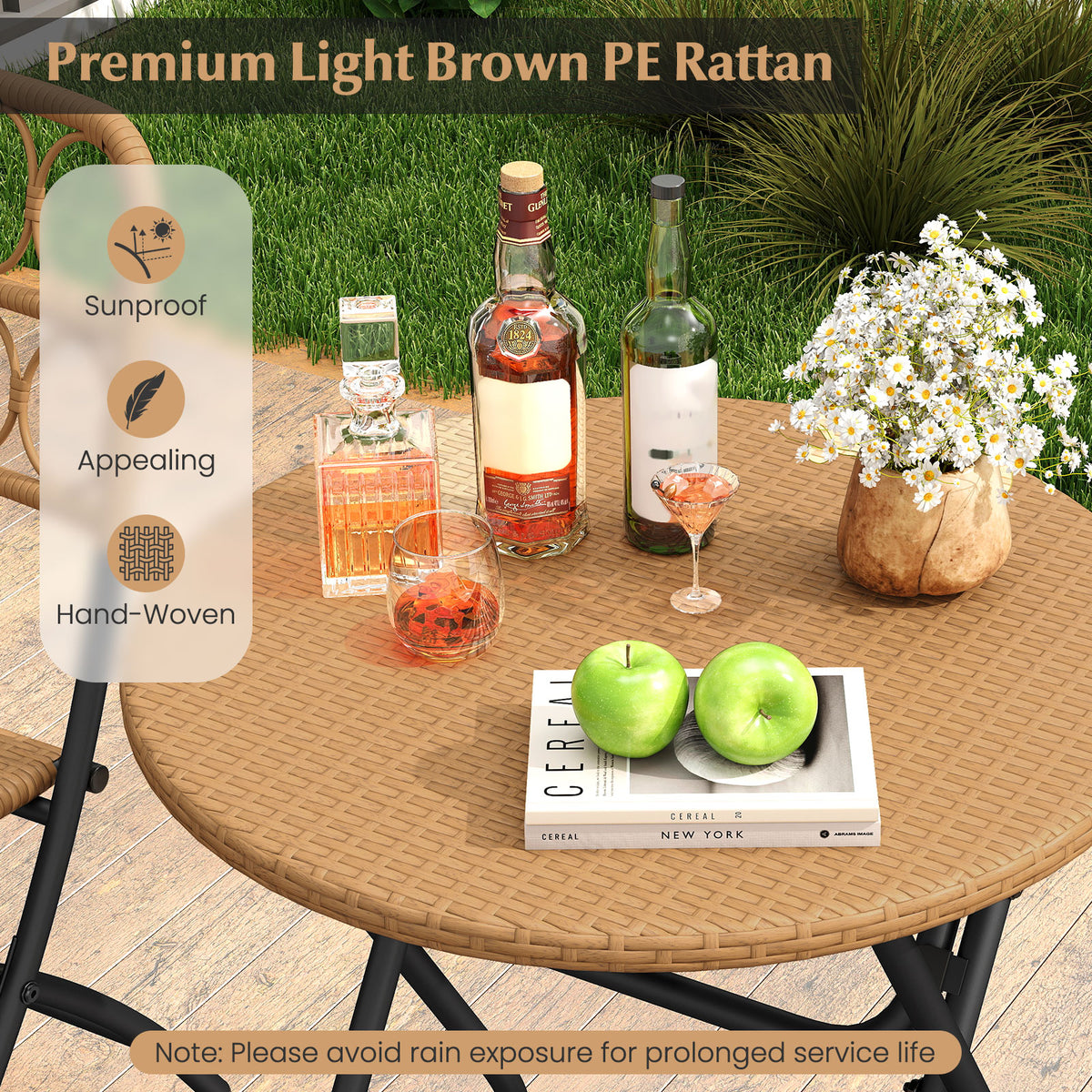 3 Piece Patio Bistro Set Folding Round Table and Chairs with Wicker