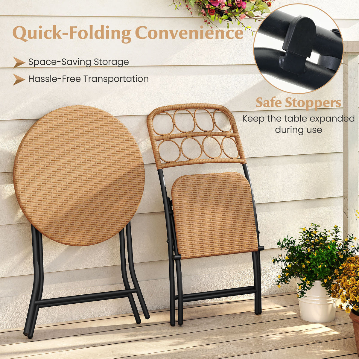 3 Piece Patio Bistro Set Folding Round Table and Chairs with Wicker