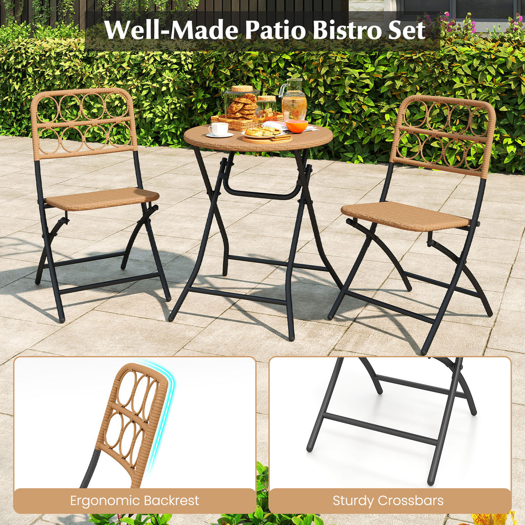 3 Piece Patio Bistro Set Folding Round Table and Chairs with Wicker