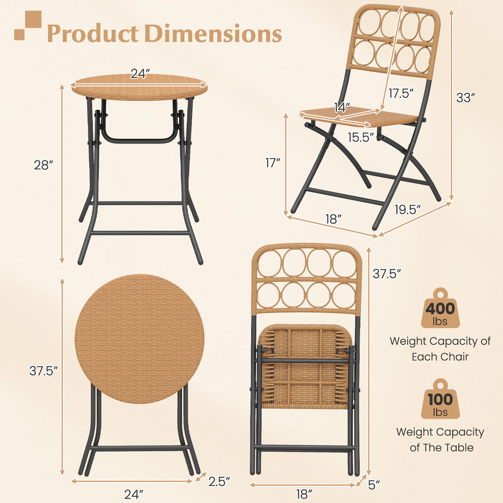 3 Piece Patio Bistro Set Folding Round Table and Chairs with Wicker
