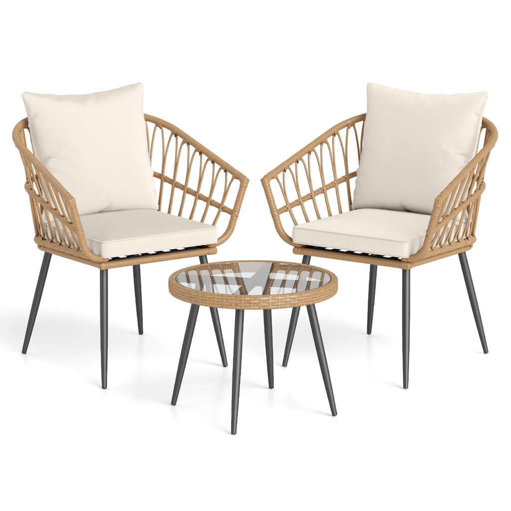 3 Piece Patio Bistro Set with PE Rattan Wicker Chairs and Tempered