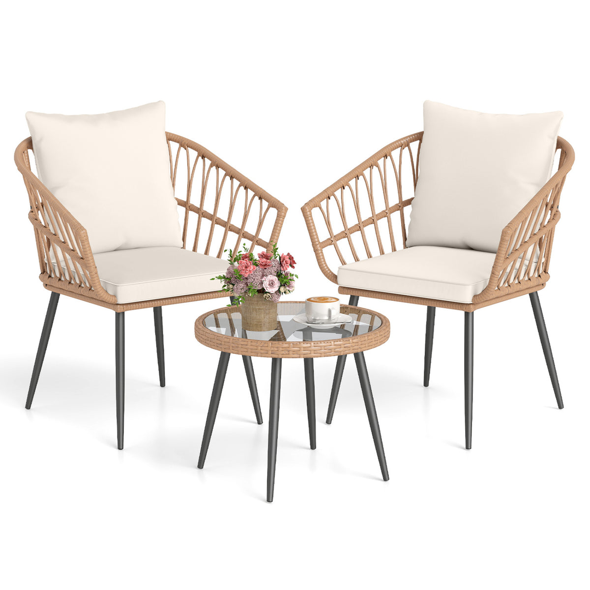 3 Piece Patio Bistro Set with PE Rattan Wicker Chairs and Tempered