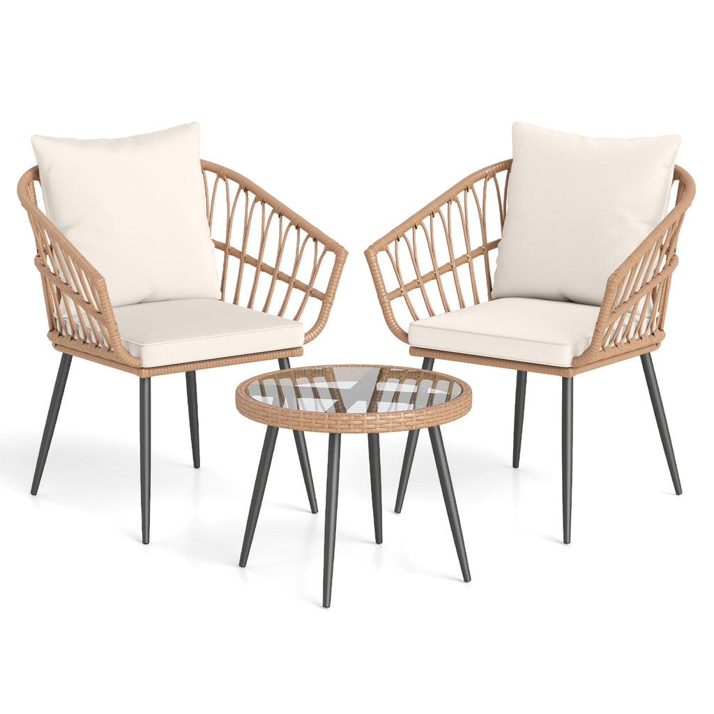 3 Piece Patio Bistro Set with PE Rattan Wicker Chairs and Tempered