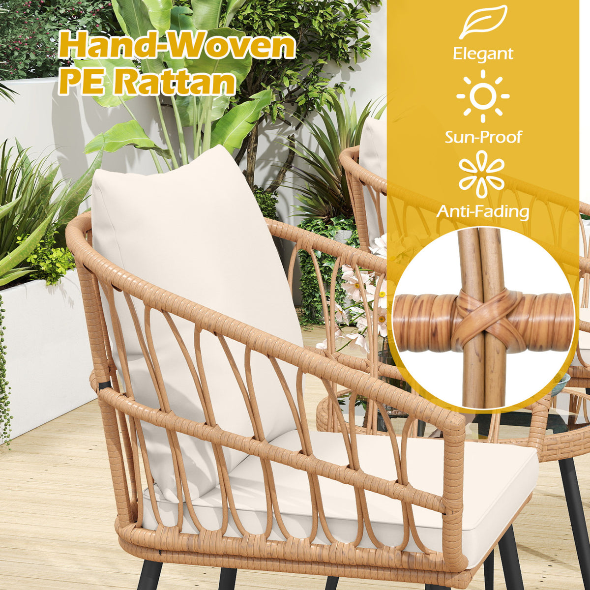 3 Piece Patio Bistro Set with PE Rattan Wicker Chairs and Tempered
