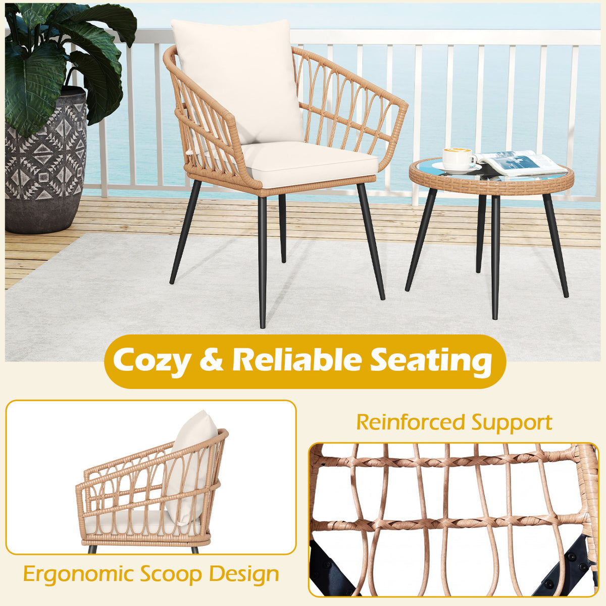 3 Piece Patio Bistro Set with PE Rattan Wicker Chairs and Tempered