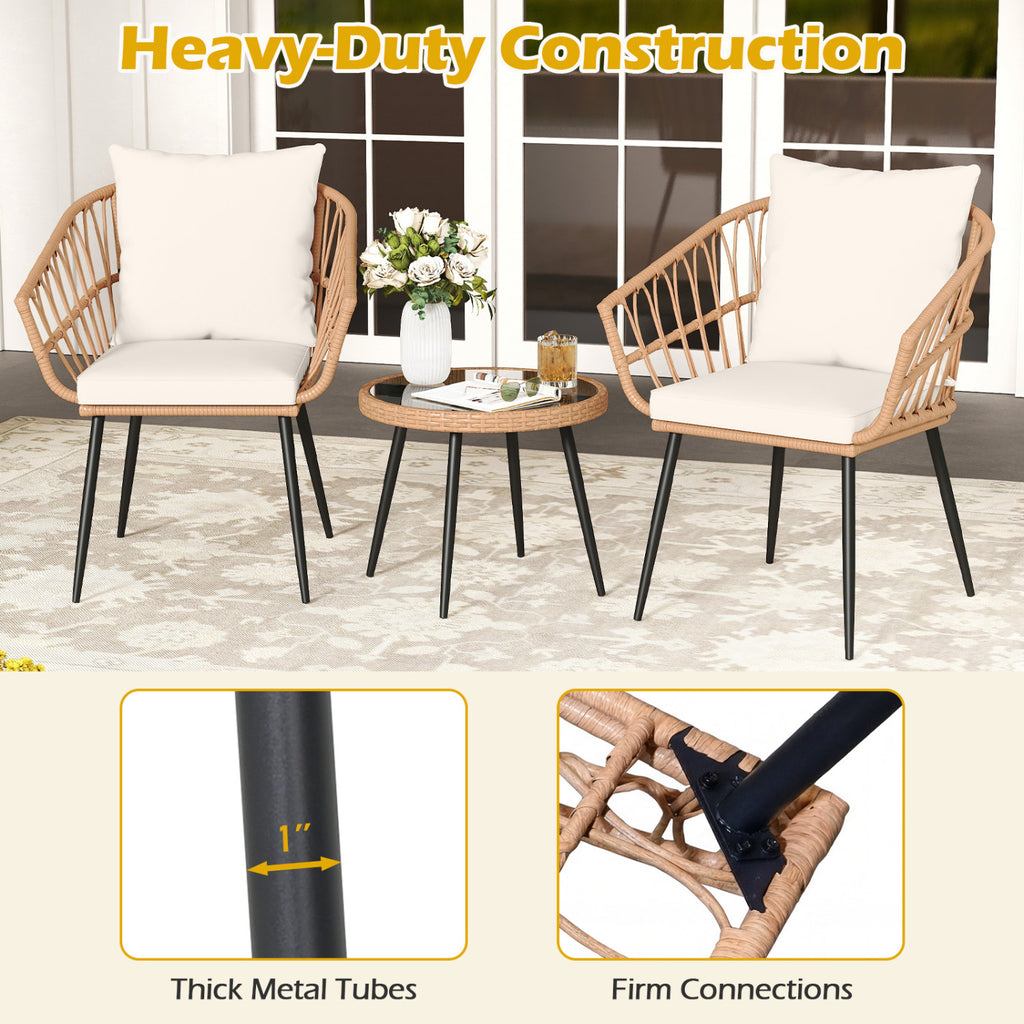 3 Piece Patio Bistro Set with PE Rattan Wicker Chairs and Tempered