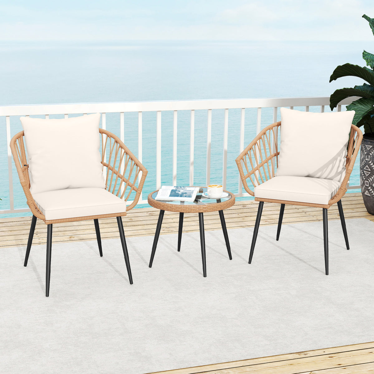 3 Piece Patio Bistro Set with PE Rattan Wicker Chairs and Tempered