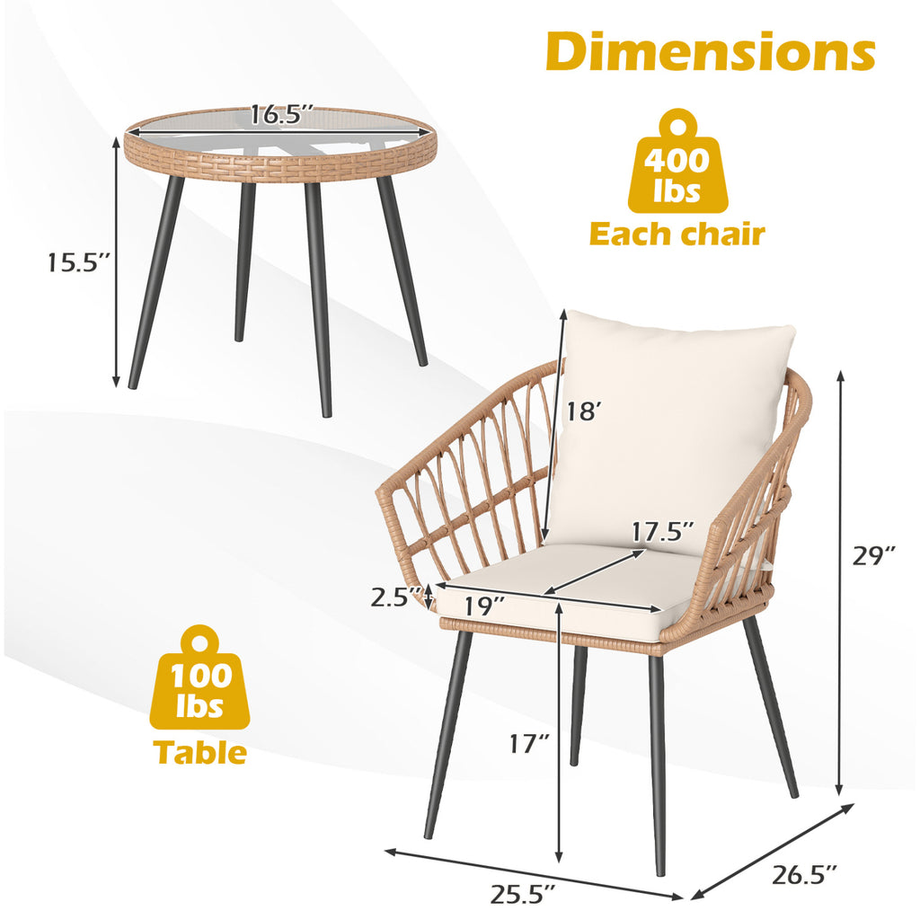 3 Piece Patio Bistro Set with PE Rattan Wicker Chairs and Tempered