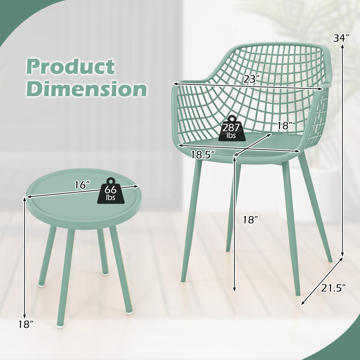 3 Piece Patio Chair Set with Table - Green