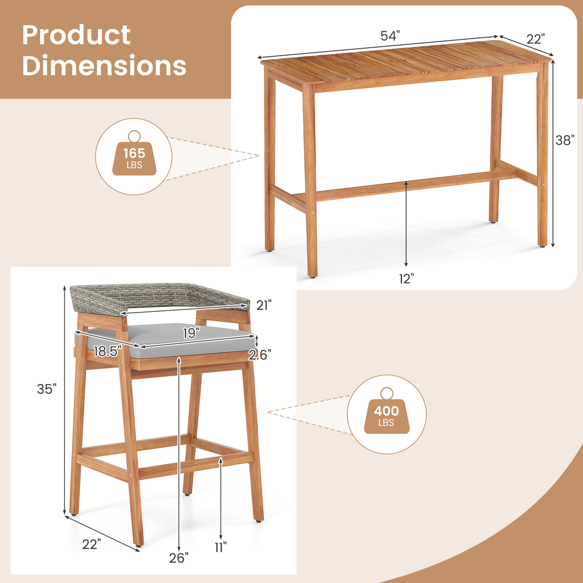 Patio Counter Height Bar Set with Cushioned Barstools