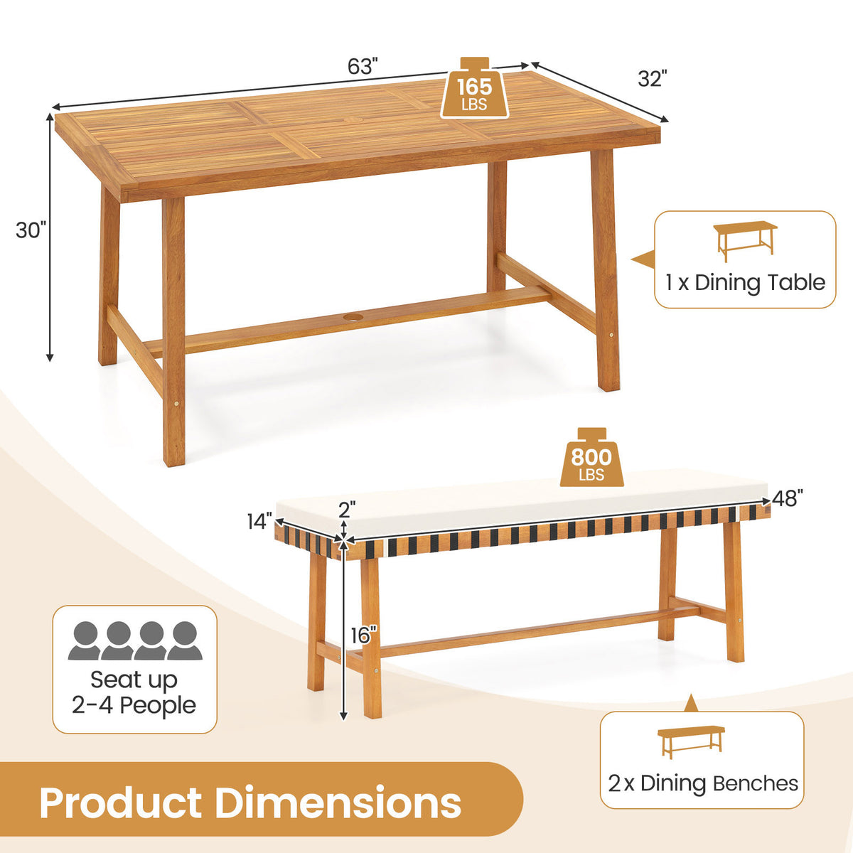 Acacia Wood Patio Dining Set - Table & 2 Benches with Cushions