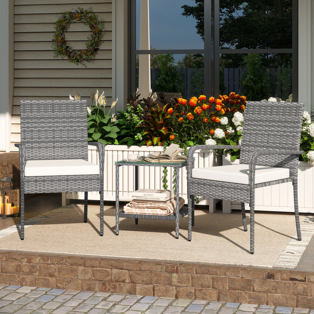 3-Piece Patio Furniture Set with Cushions & Tempered Glass – PE Rattan, White