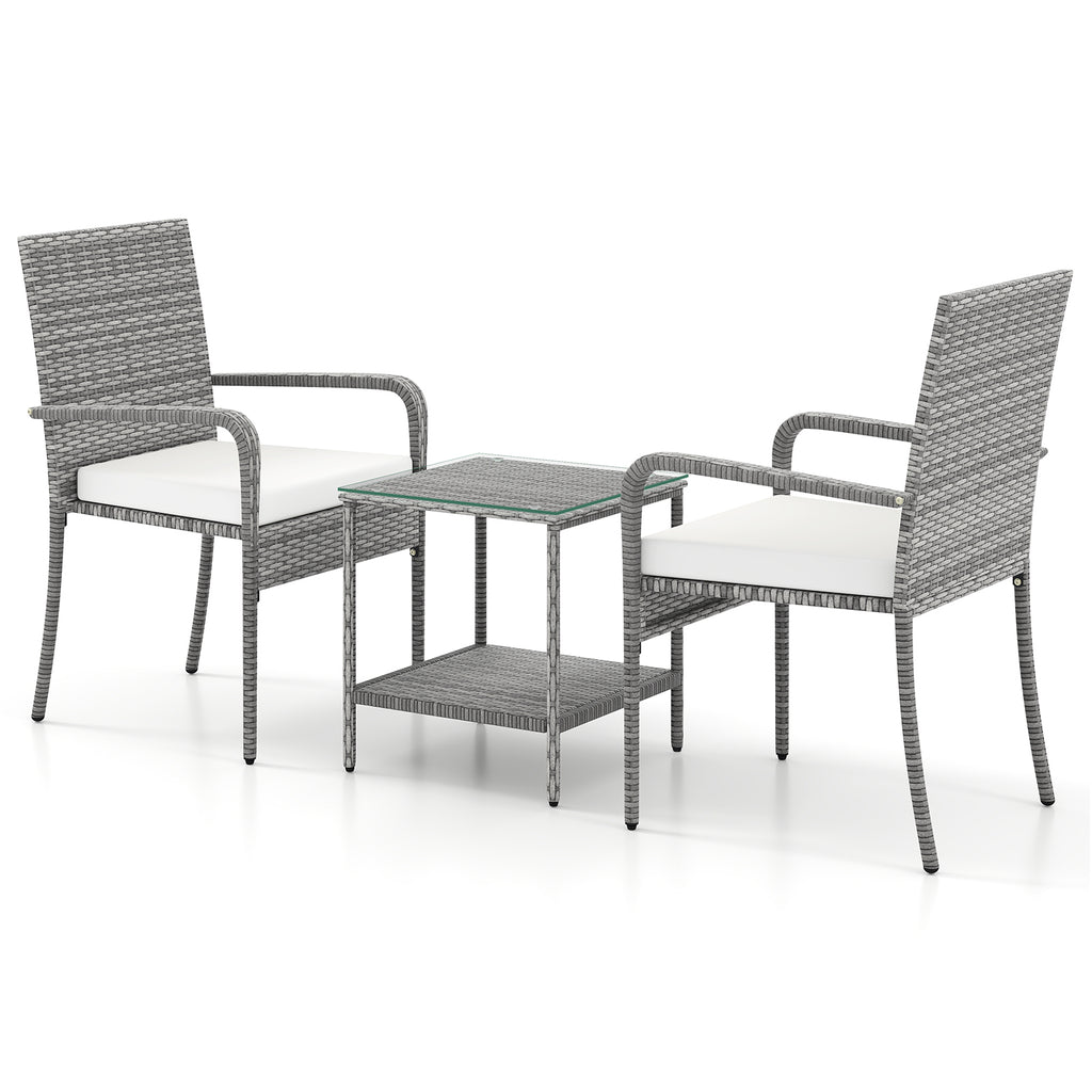 3-Piece Patio Furniture Set with Cushions & Tempered Glass – PE Rattan, White
