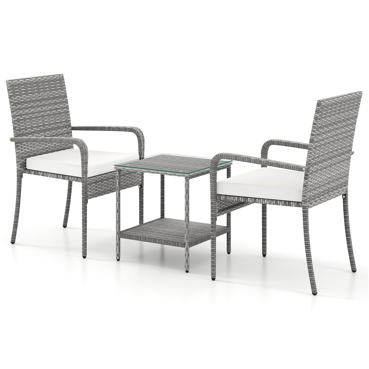 3-Piece Patio Furniture Set with Cushions & Tempered Glass – PE Rattan, White