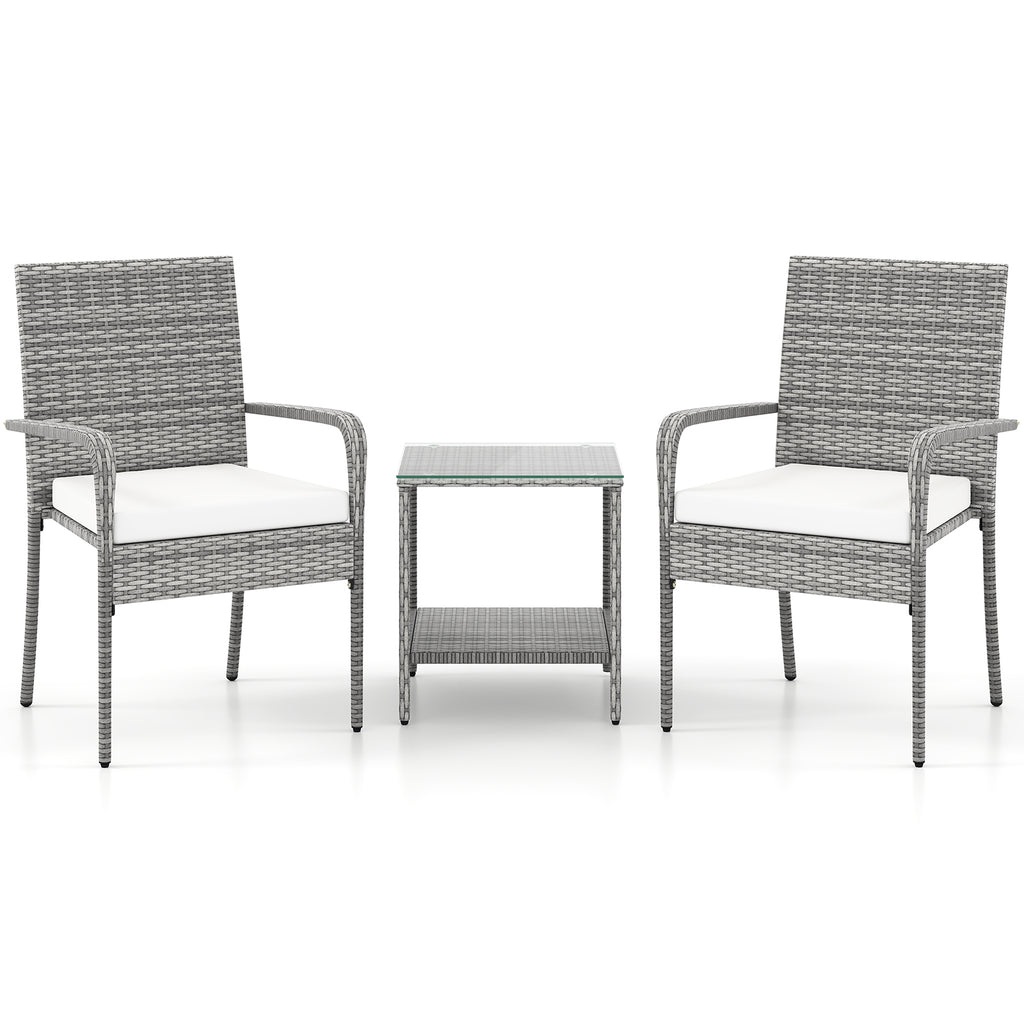 3-Piece Patio Furniture Set with Cushions & Tempered Glass – PE Rattan, White