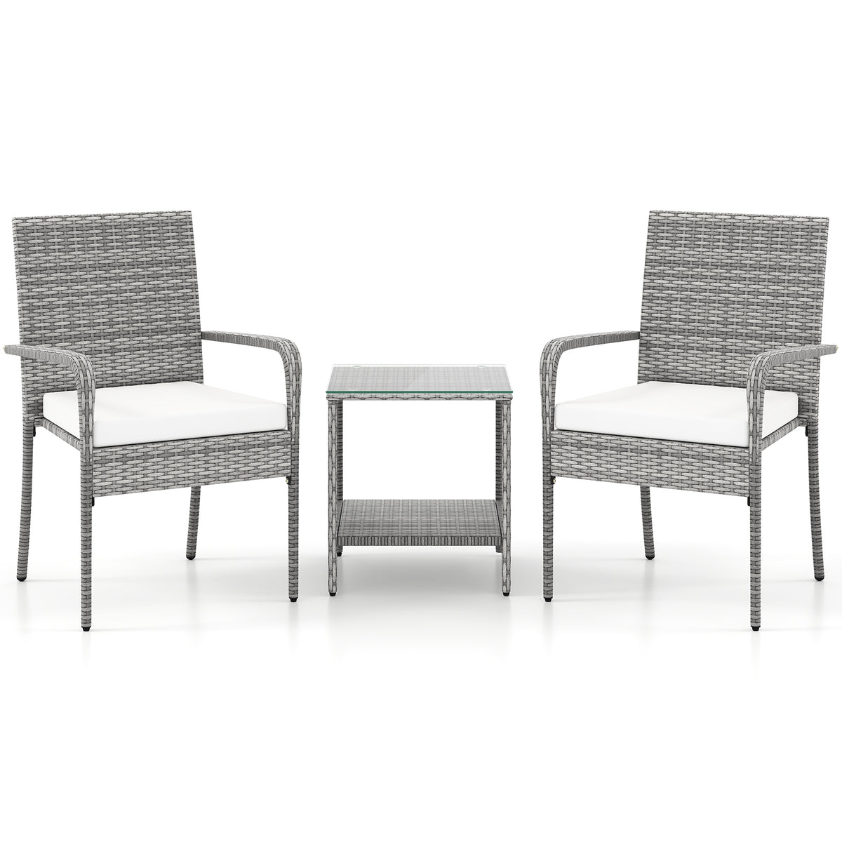 3-Piece Patio Furniture Set with Cushions & Tempered Glass – PE Rattan, White