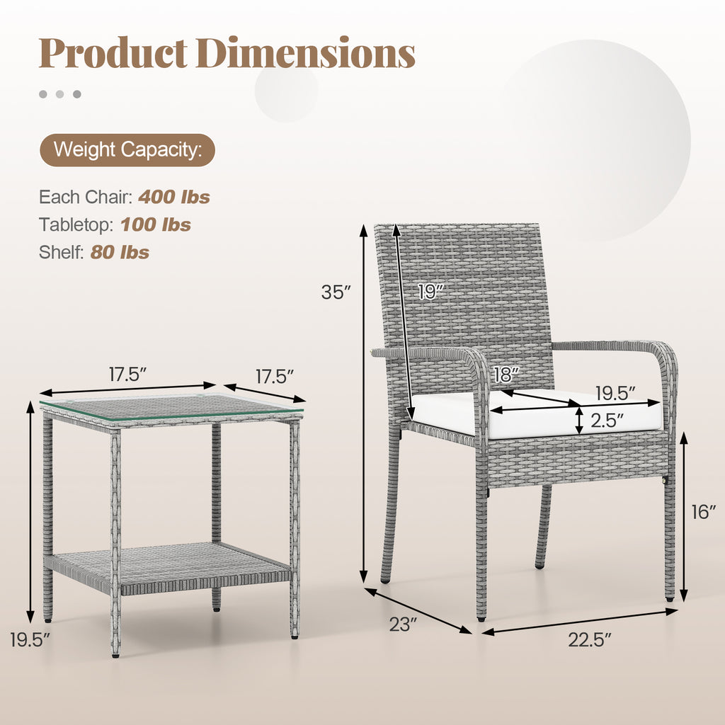 3-Piece Patio Furniture Set with Cushions & Tempered Glass – PE Rattan, White