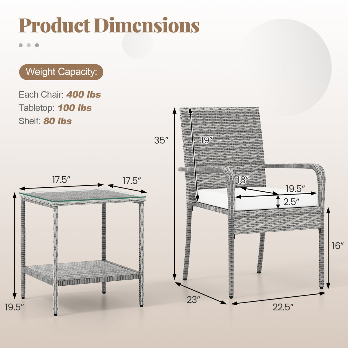 3-Piece Patio Furniture Set with Cushions & Tempered Glass – PE Rattan, White