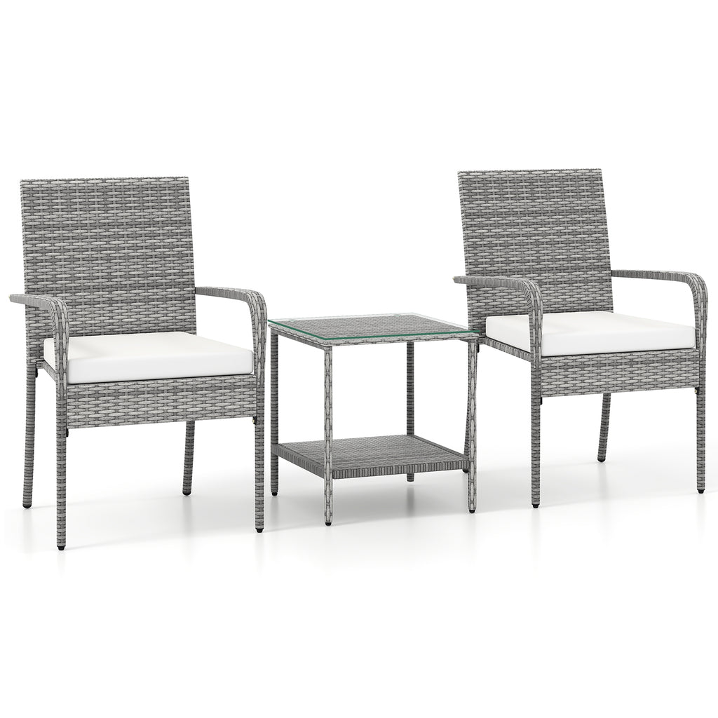 3-Piece Patio Furniture Set with Cushions & Tempered Glass – PE Rattan, White