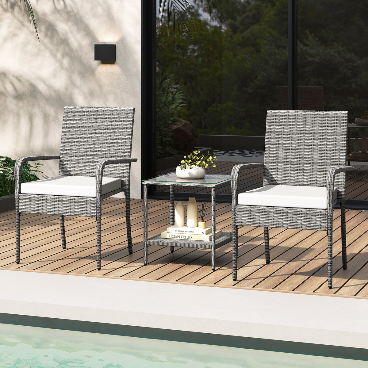 3-Piece Patio Furniture Set with Cushions & Tempered Glass – PE Rattan, White