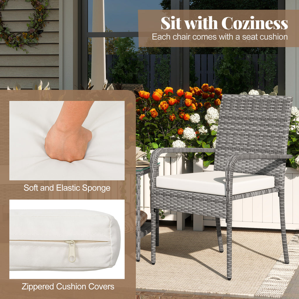3-Piece Patio Furniture Set with Cushions & Tempered Glass – PE Rattan, White