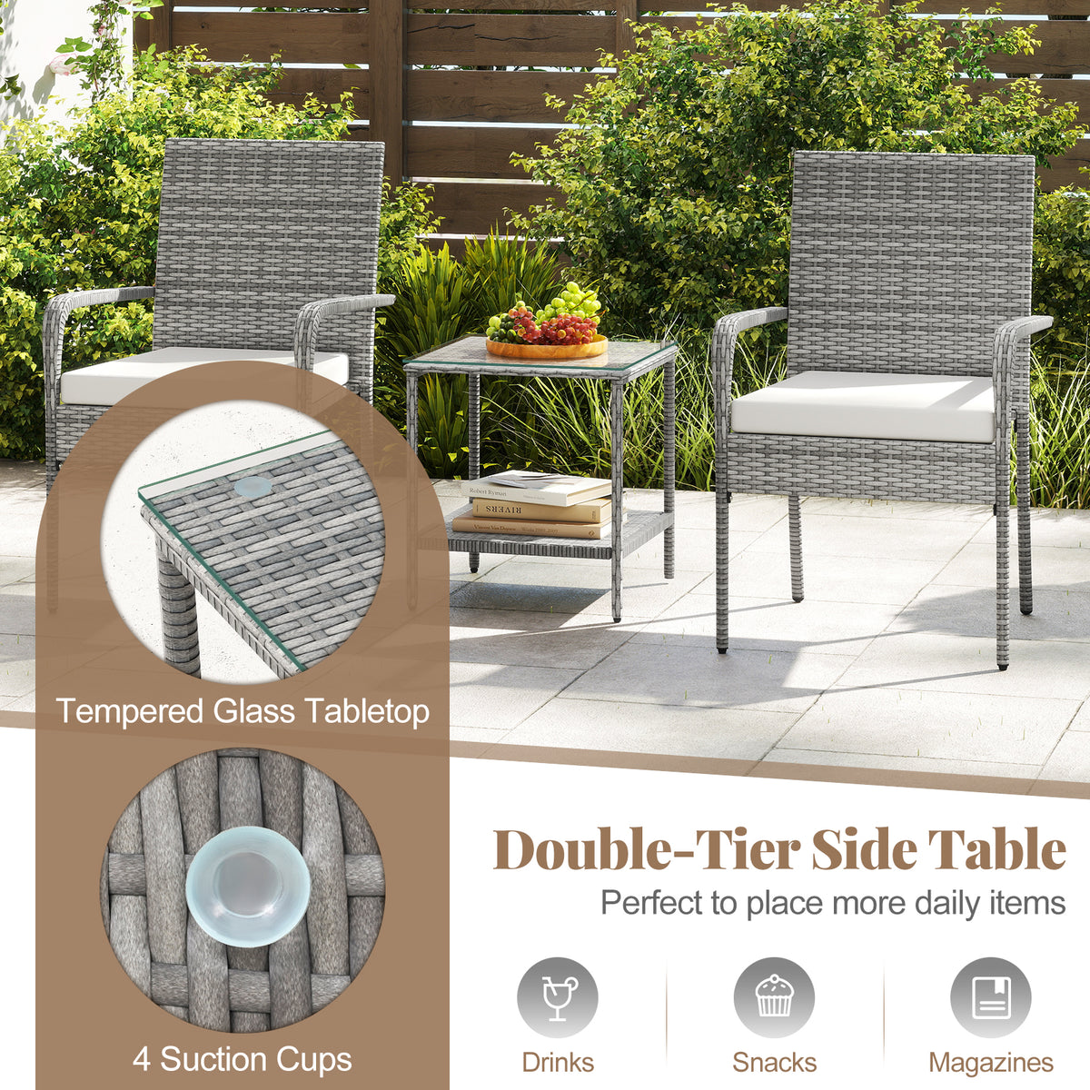 3-Piece Patio Furniture Set with Cushions & Tempered Glass – PE Rattan, White