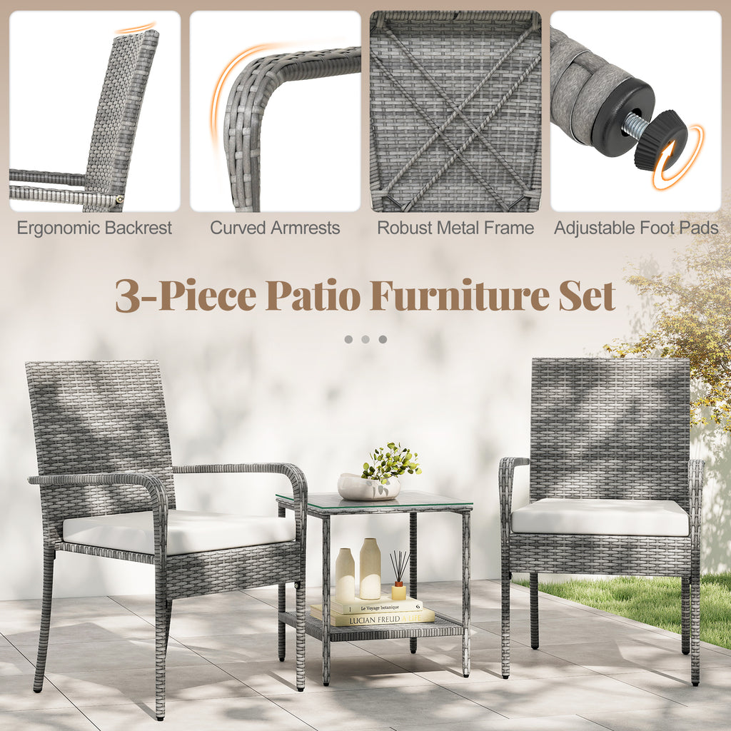 3-Piece Patio Furniture Set with Cushions & Tempered Glass – PE Rattan, White