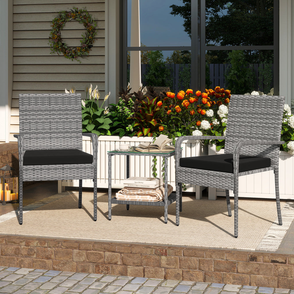 3-Piece Patio Furniture Set with Cushions & Tempered Glass – PE Rattan, White
