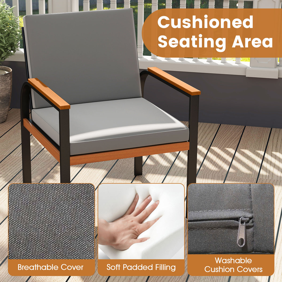 3 Piece Patio Conversation Set with Coffee Table - Gray