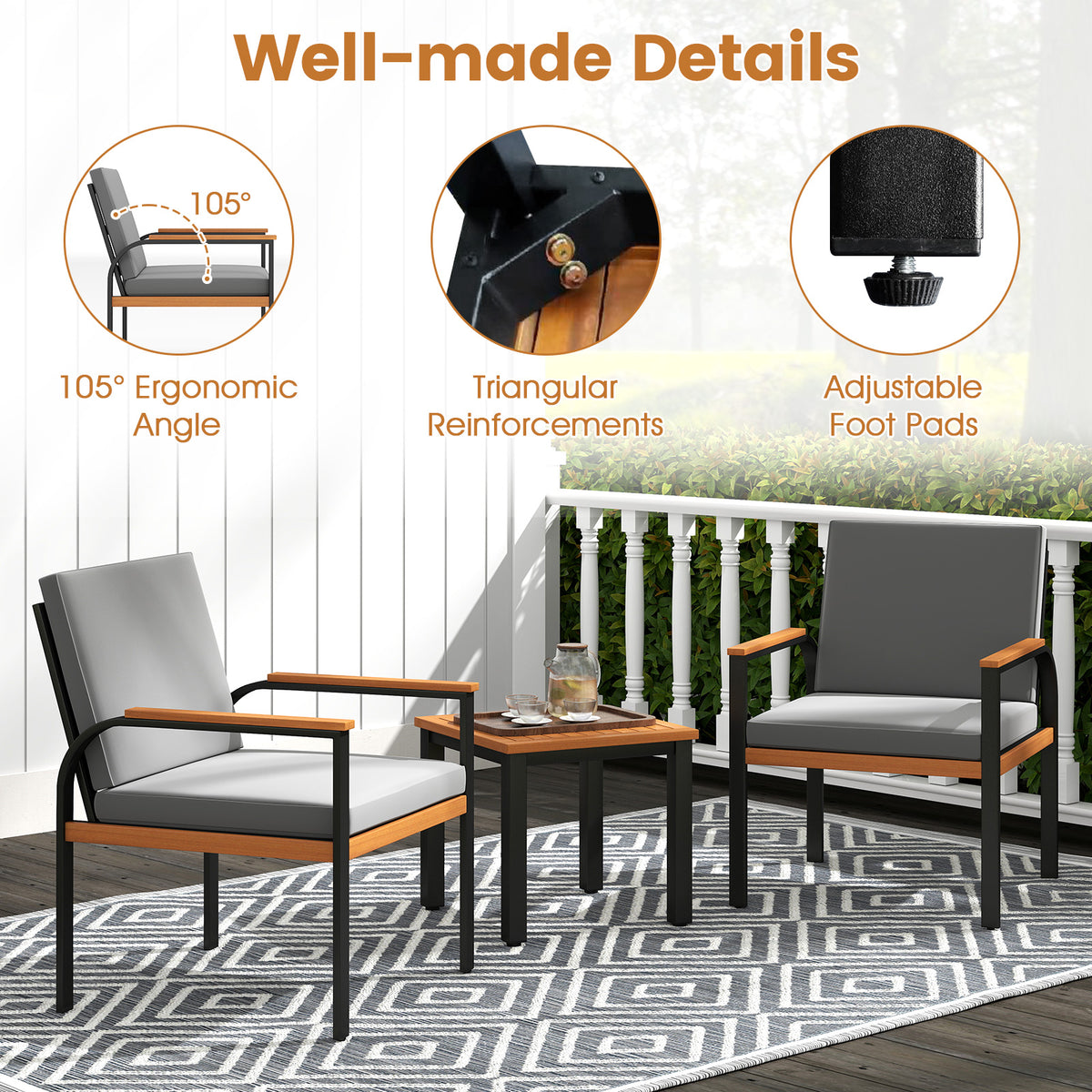 3 Piece Patio Conversation Set with Coffee Table - Gray