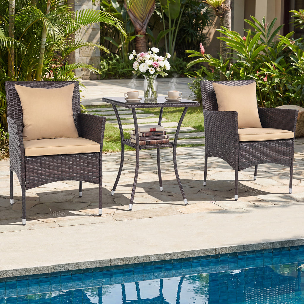 3-Piece Patio Furniture Set Rattan Bistro Chairs with 2-Tier Tempered