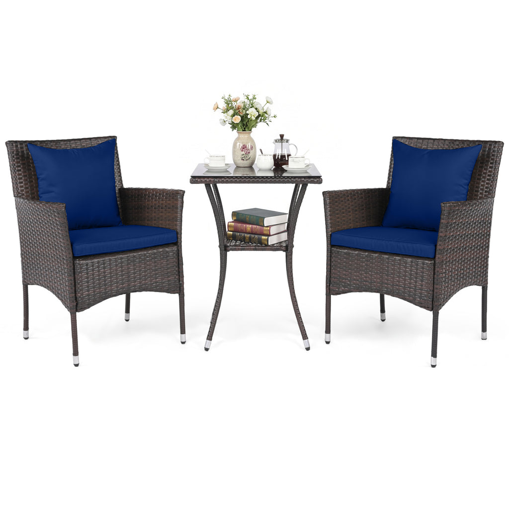 3-Piece Patio Furniture Set Rattan Bistro Chairs with 2-Tier Tempered