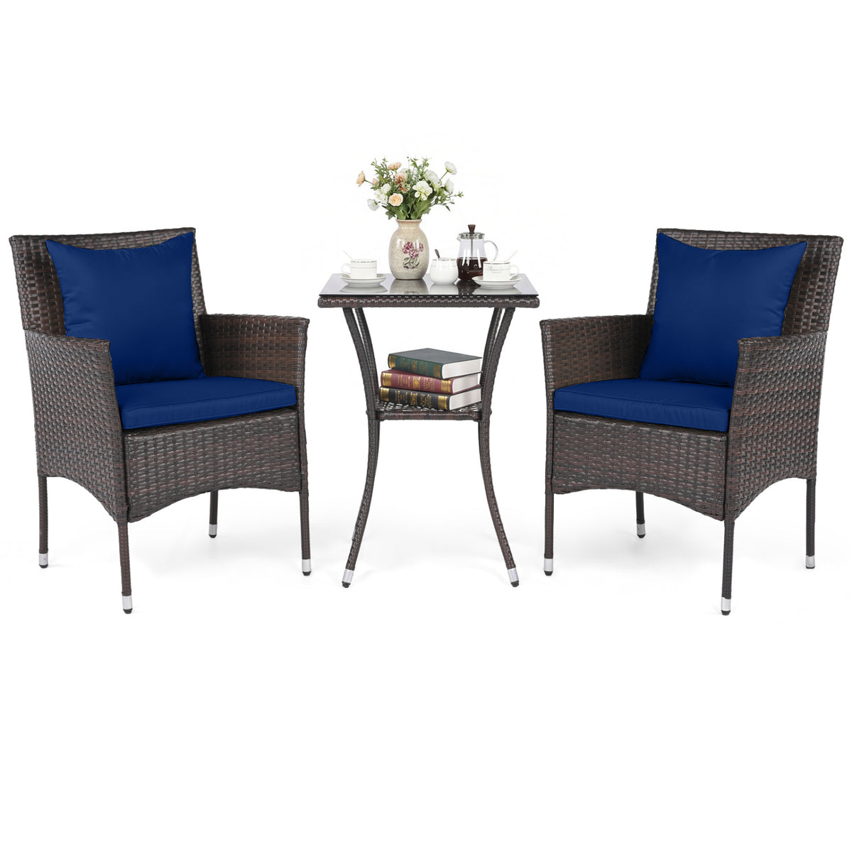 3-Piece Patio Furniture Set Rattan Bistro Chairs with 2-Tier Tempered