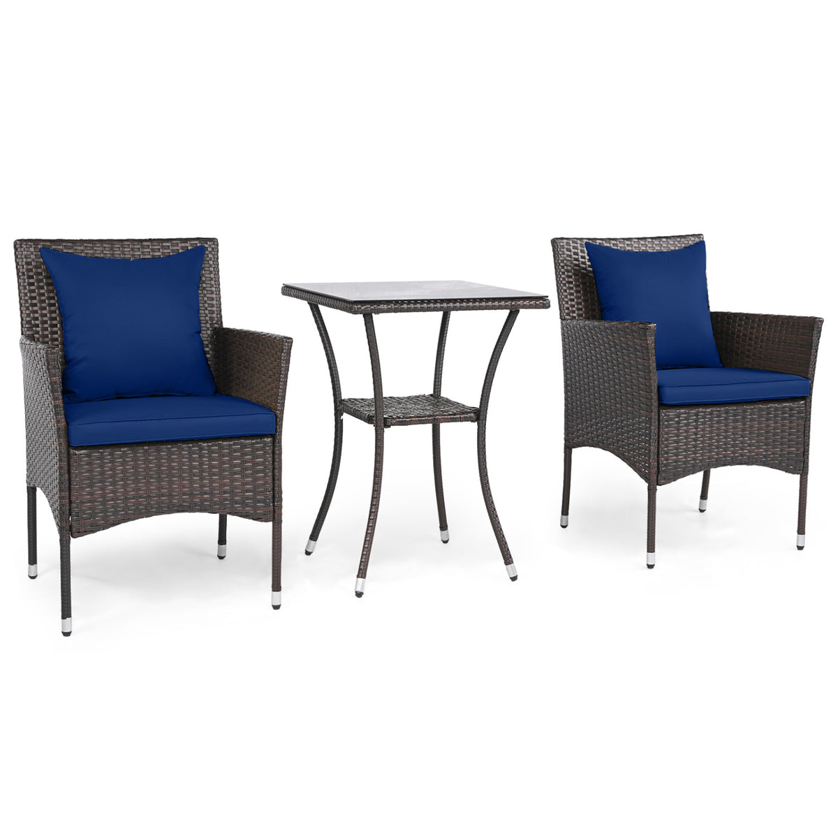 3-Piece Patio Furniture Set Rattan Bistro Chairs with 2-Tier Tempered