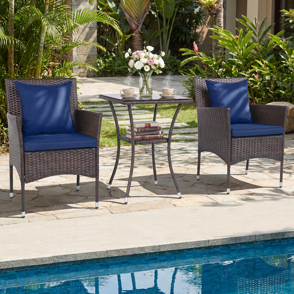 3-Piece Patio Furniture Set Rattan Bistro Chairs with 2-Tier Tempered