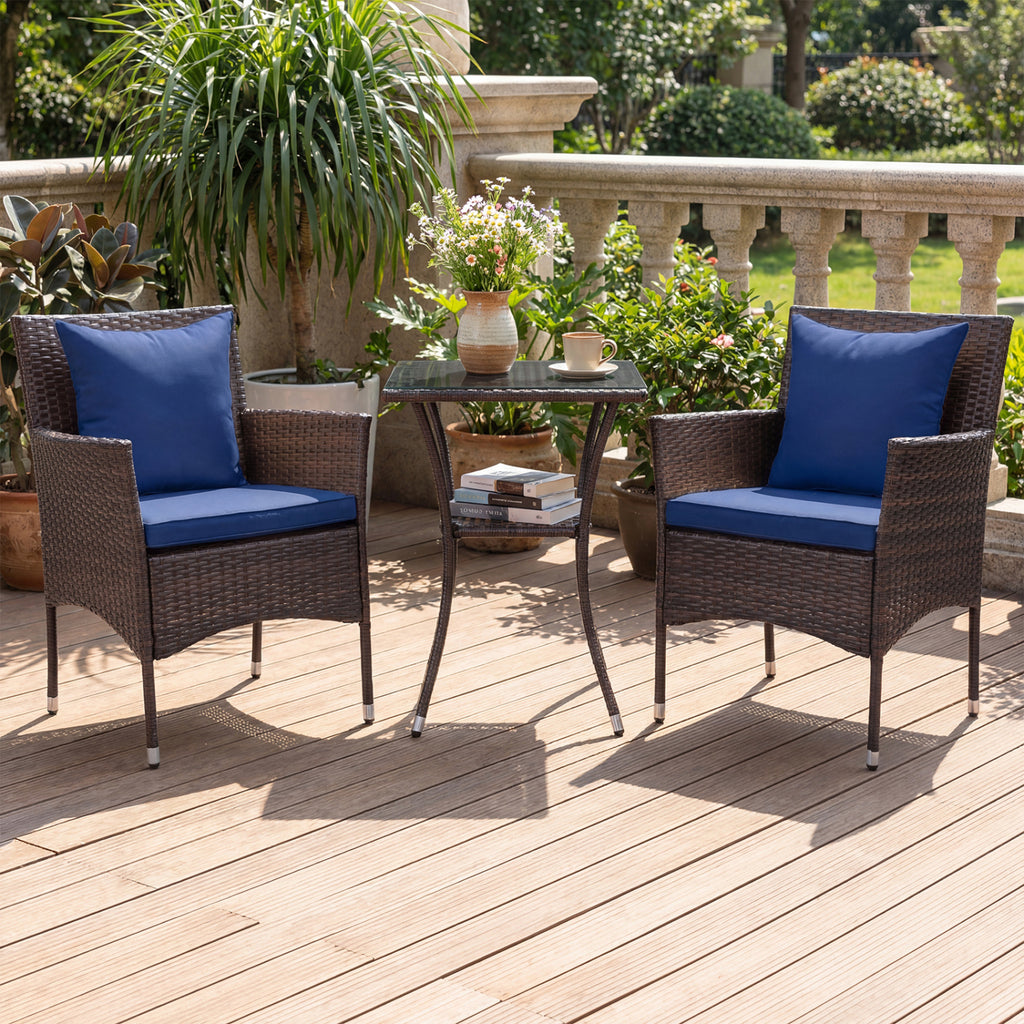 3-Piece Patio Furniture Set Rattan Bistro Chairs with 2-Tier Tempered